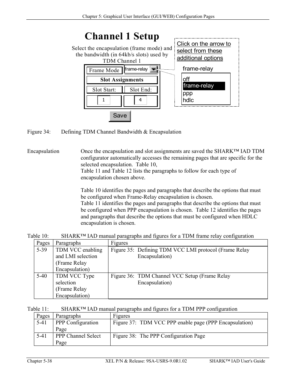 Igure, Efining, Tdm c | Hannel, Andwidth, Ncapsulation, Able, Shark™ iad, Manual paragraphs and figures for a, Frame relay configuration | Verilink XEL XSP-100 SHARK IAP (9SA-USRS-9.0R1.02) Product Manual User Manual | Page 92 / 262