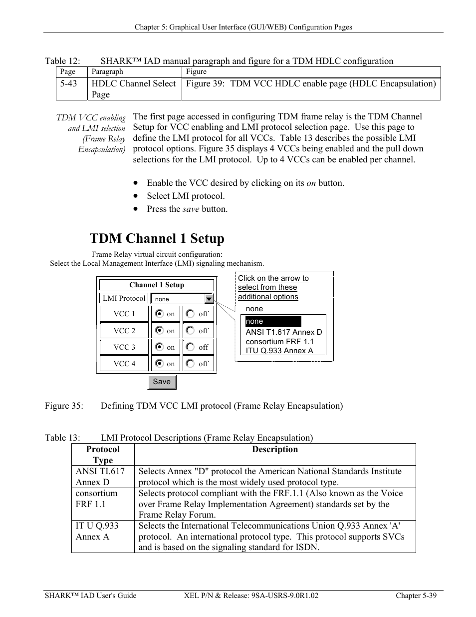 Igure, Efining, Tdm vcc lmi | Protocol, Rame, Elay, Ncapsulation, Able, Shark™ iad, Manual paragraph and figure for a | Verilink XEL XSP-100 SHARK IAP (9SA-USRS-9.0R1.02) Product Manual User Manual | Page 93 / 262