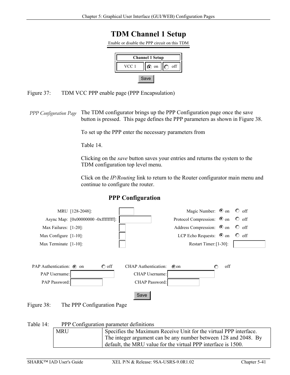 Igure, Tdm vcc ppp, Ppp e | Ncapsulation, Ppp c, Onfiguration, Able, Onfiguration parameter definitions, Tdm channel 1 setup, Ppp configuration | Verilink XEL XSP-100 SHARK IAP (9SA-USRS-9.0R1.02) Product Manual User Manual | Page 95 / 262