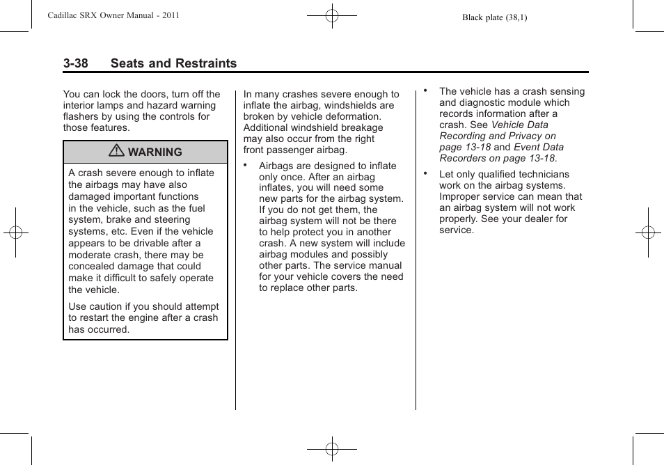38 seats and restraints | Cadillac 2011 SRX User Manual | Page 102 / 498