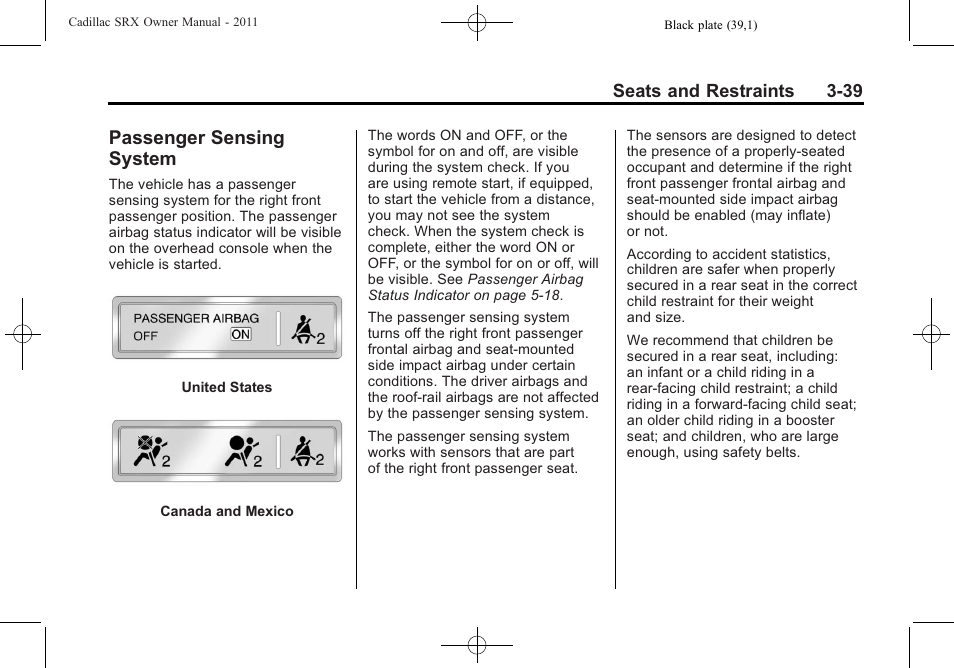 Passenger sensing system, Passenger sensing, System -39 | Cadillac 2011 SRX User Manual | Page 103 / 498