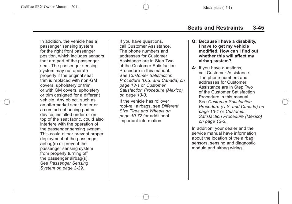Seats and restraints 3-45 | Cadillac 2011 SRX User Manual | Page 109 / 498