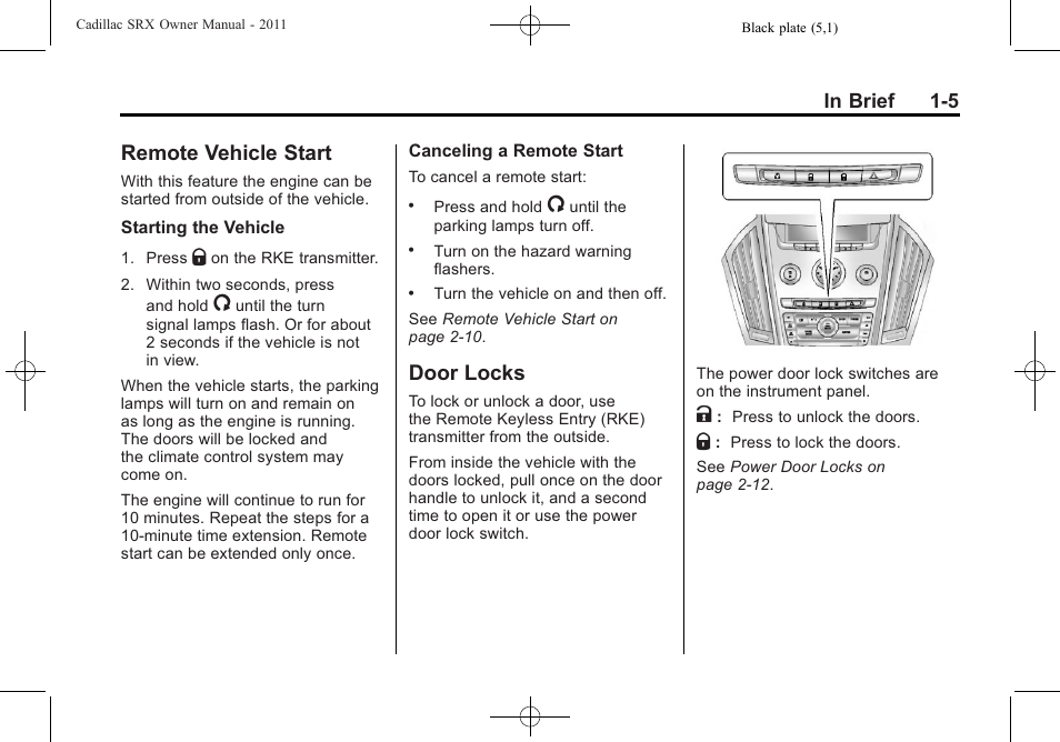 Remote vehicle start, Door locks, Remote vehicle start -5 door locks -5 | Portable | Cadillac 2011 SRX User Manual | Page 11 / 498