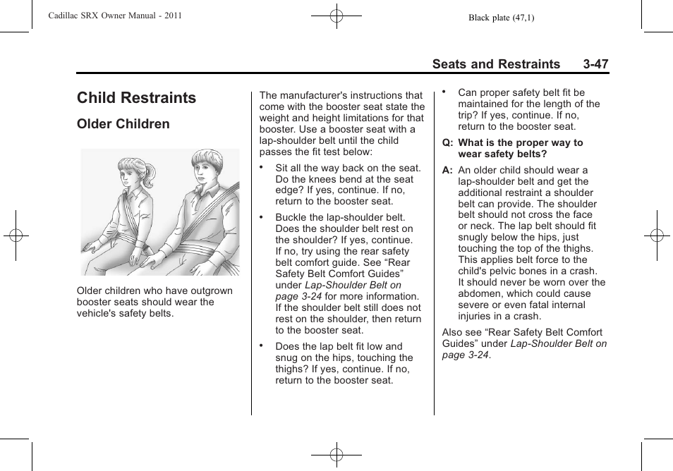 Child restraints, Older children, Child restraints -47 | Older children -47, Seats and restraints 3-47 | Cadillac 2011 SRX User Manual | Page 111 / 498