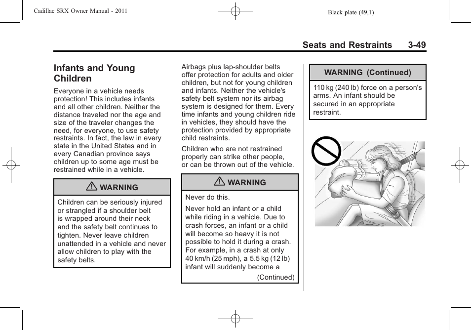 Infants and young children, Infants and young, Children -49 | Cadillac 2011 SRX User Manual | Page 113 / 498
