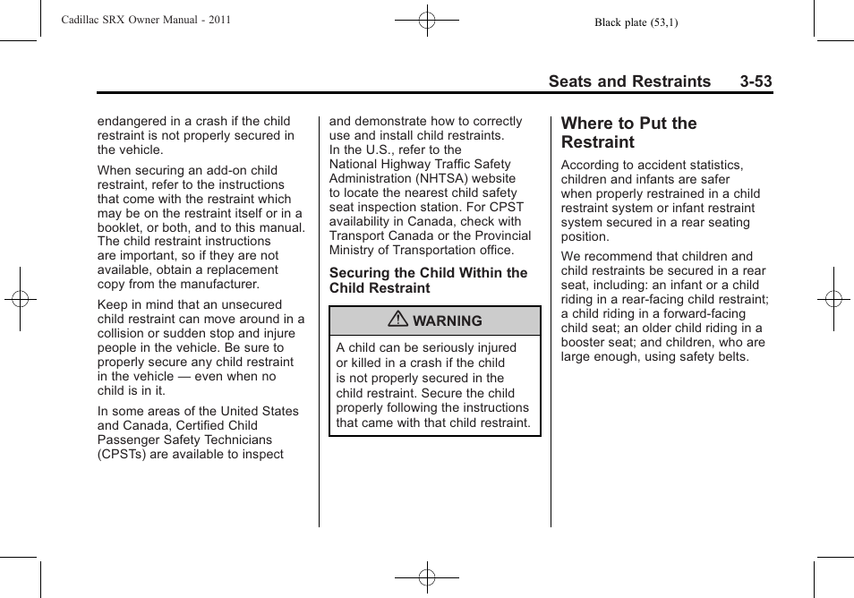 Where to put the restraint, Where to put the restraint -53, Adjustable | Cadillac 2011 SRX User Manual | Page 117 / 498