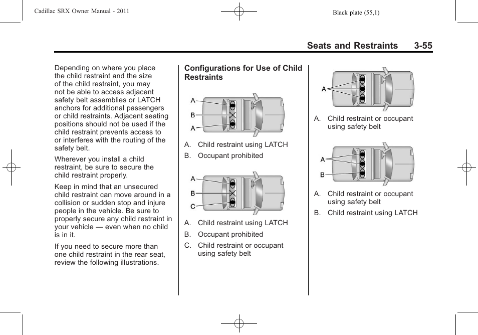 Seats and restraints 3-55 | Cadillac 2011 SRX User Manual | Page 119 / 498