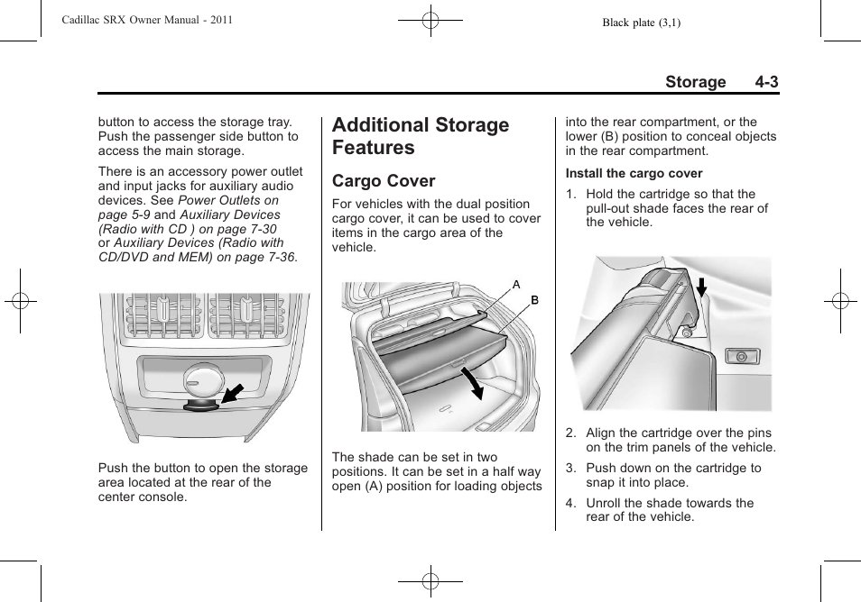 Additional storage features, Cargo cover, Cargo cover -3 | Cadillac 2011 SRX User Manual | Page 137 / 498