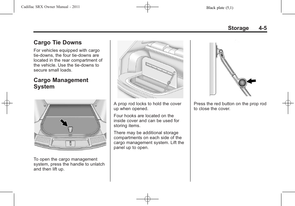 Cargo tie downs, Cargo management system, Cargo tie downs -5 cargo management | System -5 | Cadillac 2011 SRX User Manual | Page 139 / 498