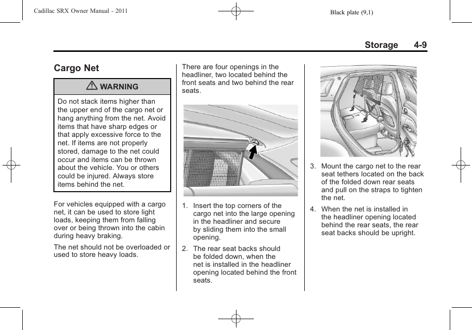 Cargo net, Cargo net -9 | Cadillac 2011 SRX User Manual | Page 143 / 498