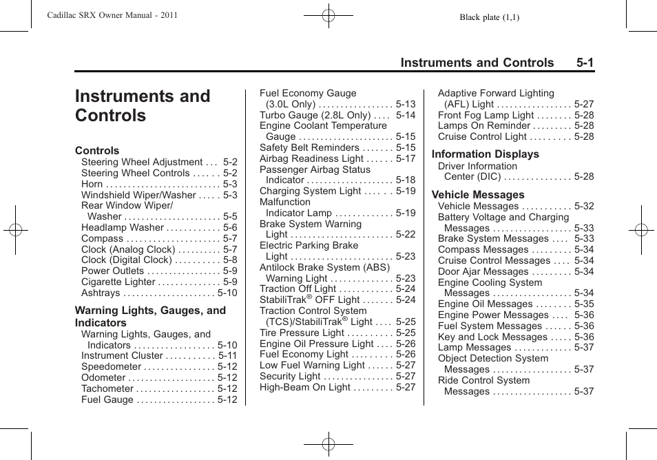 Instruments and controls, Instruments and controls 5-1 | Cadillac 2011 SRX User Manual | Page 147 / 498