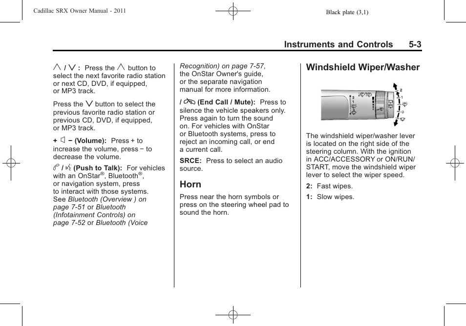 Horn, Windshield wiper/washer, Horn -3 windshield wiper/washer -3 | Charging | Cadillac 2011 SRX User Manual | Page 149 / 498