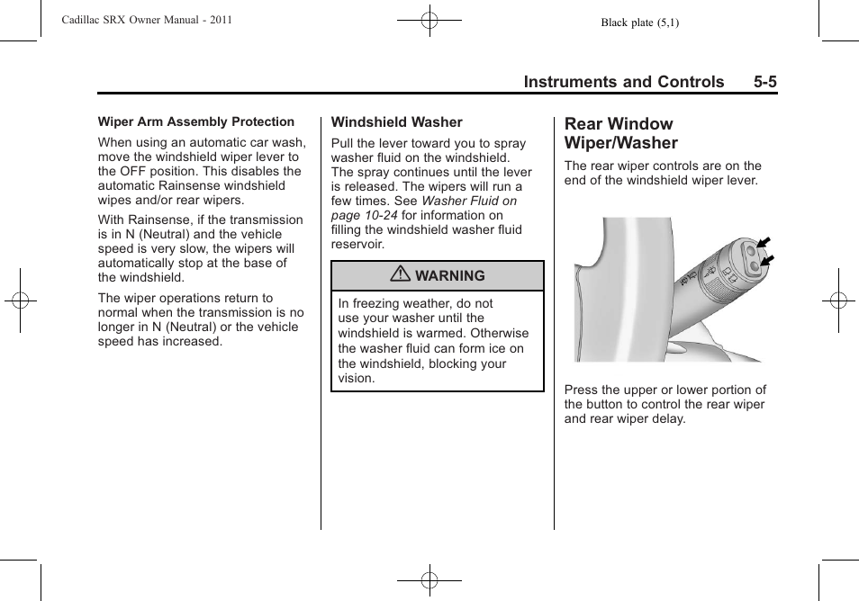Rear window wiper/washer, Rear window wiper, Washer -5 | Cadillac 2011 SRX User Manual | Page 151 / 498