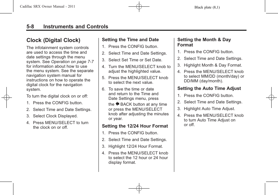 Clock (digital clock), Clock (digital clock) -8, Light | 8 instruments and controls | Cadillac 2011 SRX User Manual | Page 154 / 498