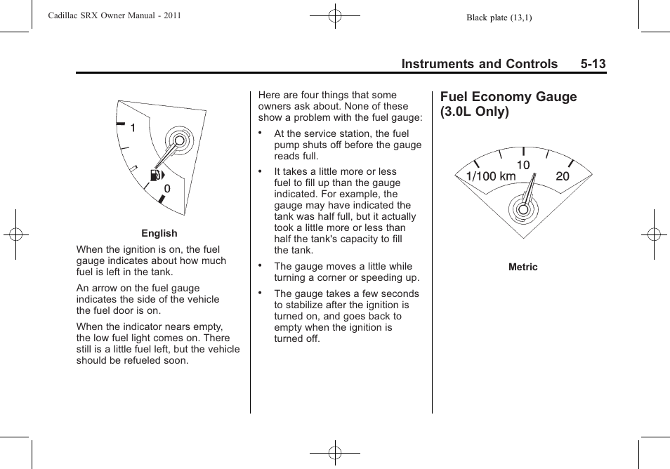 Fuel economy gauge (3.0l only), Fuel economy gauge, 0l only) -13 | Instruments and controls 5-13 | Cadillac 2011 SRX User Manual | Page 159 / 498