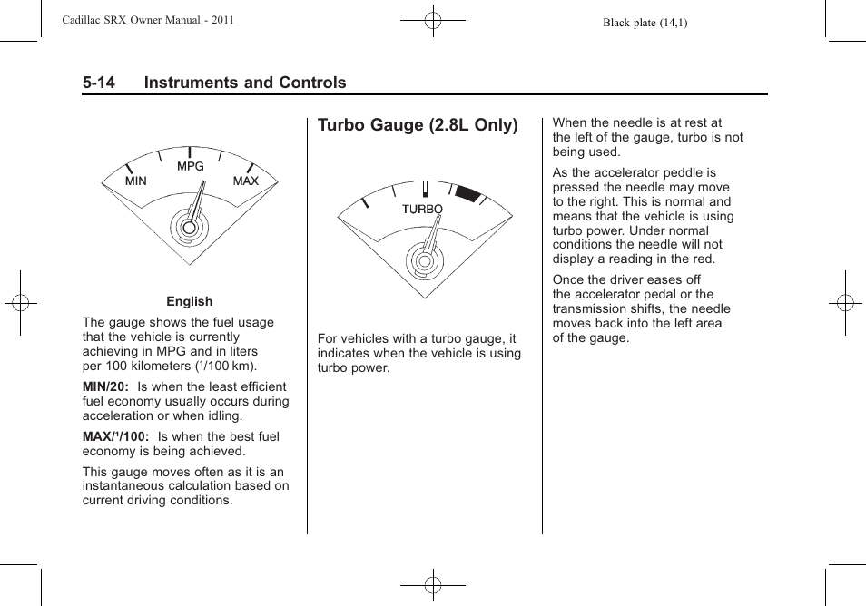 Turbo gauge (2.8l only), Turbo gauge (2.8l only) -14 | Cadillac 2011 SRX User Manual | Page 160 / 498