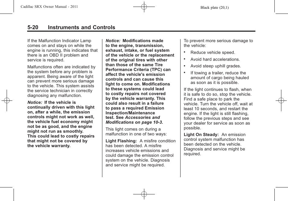 20 instruments and controls | Cadillac 2011 SRX User Manual | Page 166 / 498