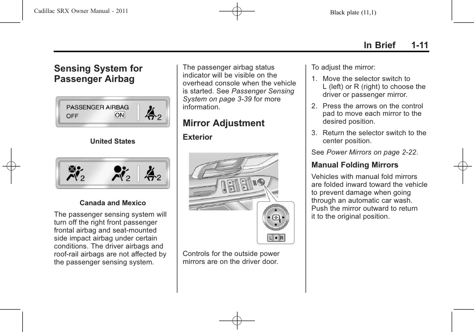 Sensing system for passenger airbag, Mirror adjustment, Sensing system for | Passenger airbag -11, Mirror adjustment -11, Universal | Cadillac 2011 SRX User Manual | Page 17 / 498