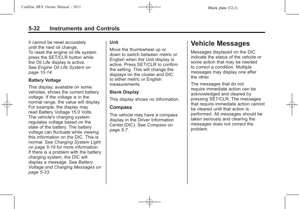 Vehicle messages, Driving information -2, Vehicle messages -32 | Cadillac 2011 SRX User Manual | Page 178 / 498