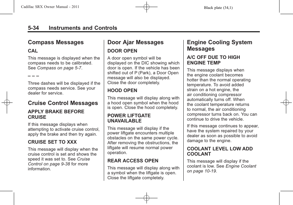 Compass messages, Cruise control messages, Door ajar messages | Engine cooling system messages, Messages -34 | Cadillac 2011 SRX User Manual | Page 180 / 498
