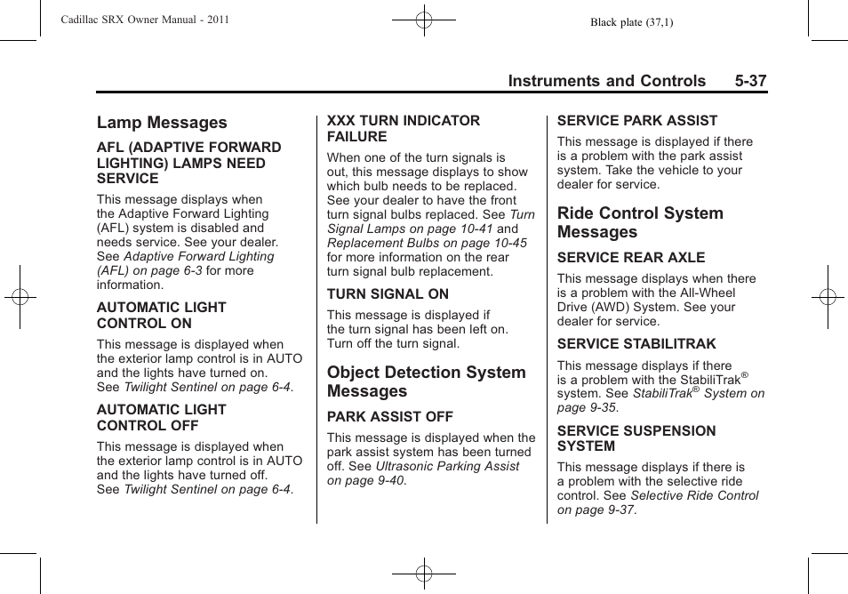 Lamp messages, Object detection system messages, Ride control system messages | Lamp messages -37 object detection system, Messages -37, Ride control system | Cadillac 2011 SRX User Manual | Page 183 / 498