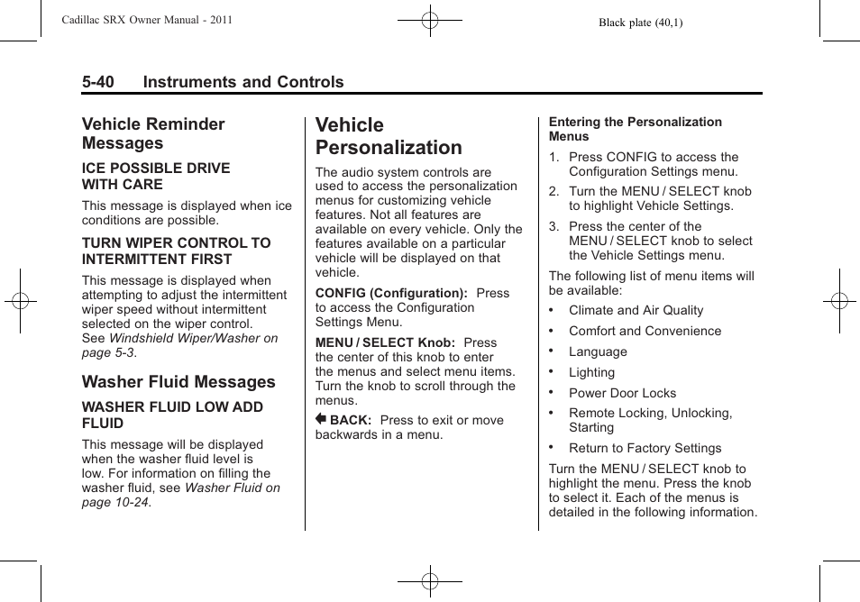 Vehicle reminder messages, Washer fluid messages, Vehicle personalization | Starting and operating, Vehicle reminder, Messages -40, Washer fluid messages -40, Vehicle personalization -40, 40 instruments and controls | Cadillac 2011 SRX User Manual | Page 186 / 498