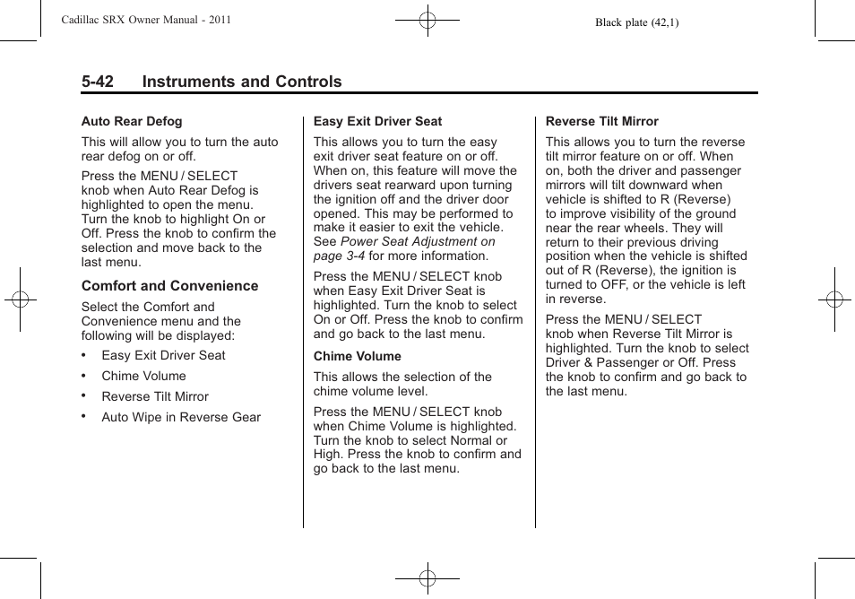 42 instruments and controls | Cadillac 2011 SRX User Manual | Page 188 / 498