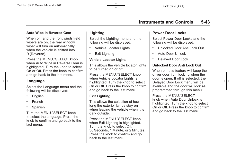Instruments and controls 5-43 | Cadillac 2011 SRX User Manual | Page 189 / 498