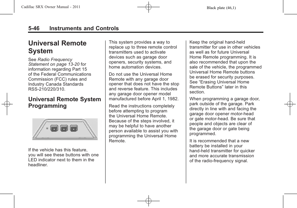 Universal remote system, Universal remote system programming, Remote system -46 | Engine exhaust, Programming -46 | Cadillac 2011 SRX User Manual | Page 192 / 498