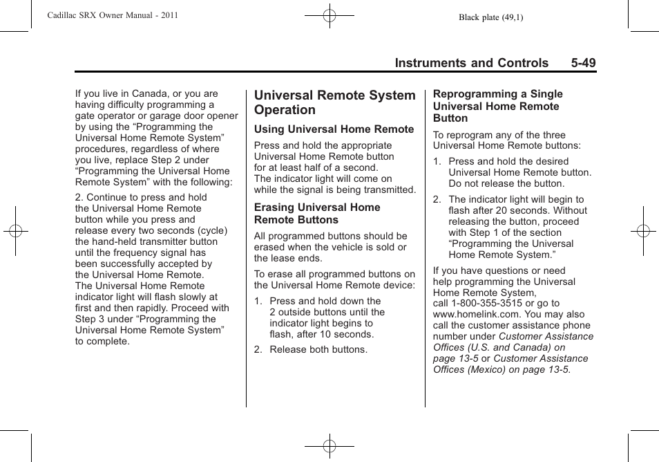 Universal remote system operation, Universal remote system, Operation -49 | Pull, Instruments and controls 5-49 | Cadillac 2011 SRX User Manual | Page 195 / 498
