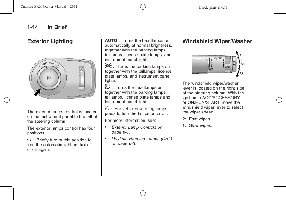 Exterior lighting, Windshield wiper/washer, Exterior lighting -14 windshield wiper/washer -14 | Tire | Cadillac 2011 SRX User Manual | Page 20 / 498