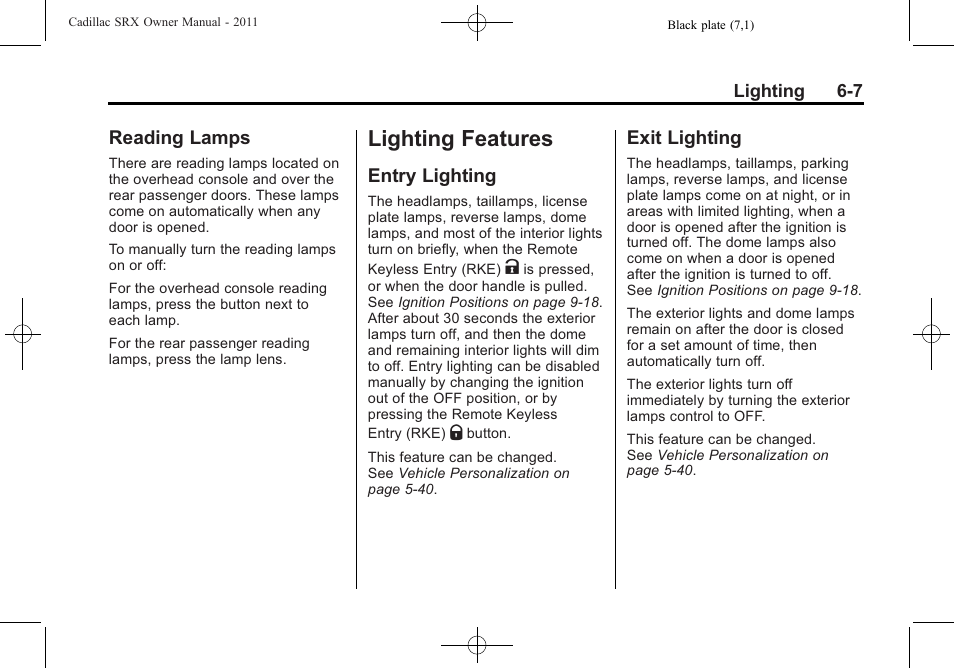 Reading lamps, Lighting features, Entry lighting | Exit lighting, Features -7, Cruise, Reading lamps -7, Entry lighting -7 exit lighting -7 | Cadillac 2011 SRX User Manual | Page 203 / 498