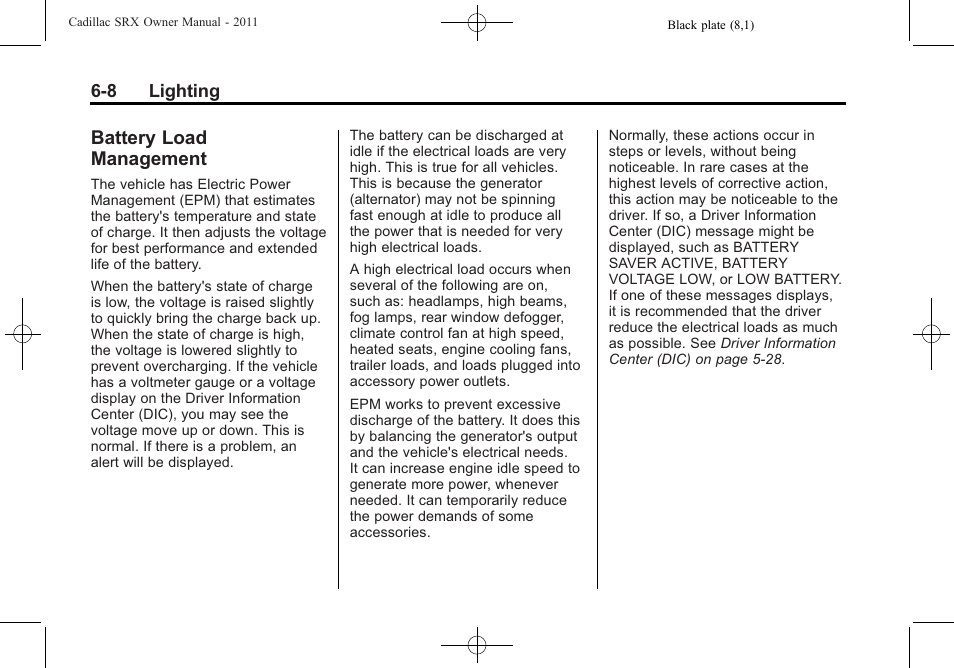 Battery load management, Battery load management -8 | Cadillac 2011 SRX User Manual | Page 204 / 498