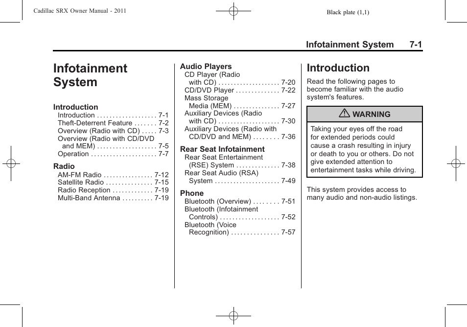 Infotainment system, Introduction, Infotainment system -1 | Introduction -1, Towing | Cadillac 2011 SRX User Manual | Page 205 / 498