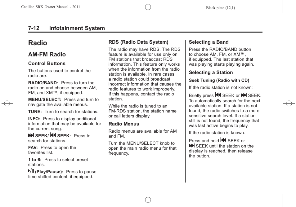 Radio, Am-fm radio, Radio -12 | Conversions and add-ons -62, Am-fm radio -12, Rear seat audio | Cadillac 2011 SRX User Manual | Page 216 / 498