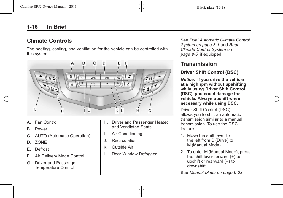 Climate controls, Transmission, Climate controls -16 transmission -16 | 16 in brief | Cadillac 2011 SRX User Manual | Page 22 / 498