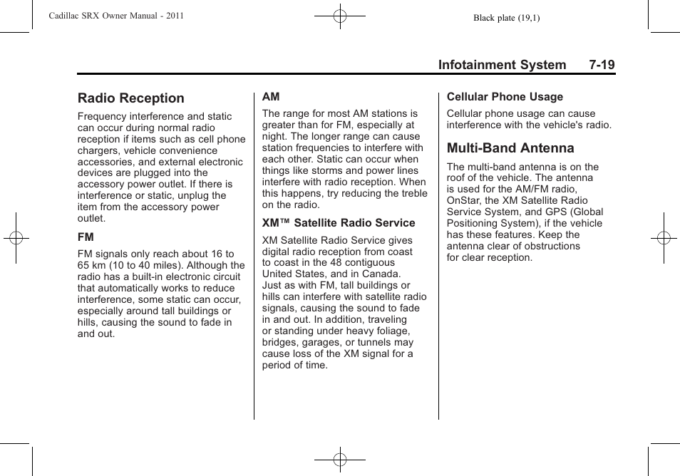 Radio reception, Multi-band antenna, Radio reception -19 multi-band antenna -19 | Phone | Cadillac 2011 SRX User Manual | Page 223 / 498