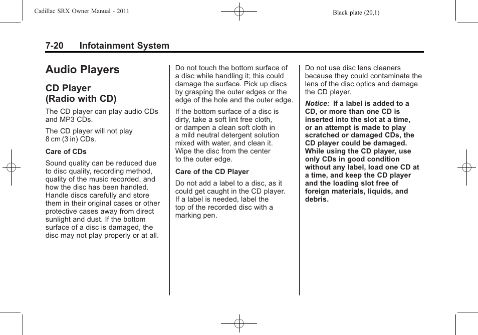 Audio players, Cd player (radio with cd), Audio players -20 | Cd player (radio, With cd) -20, Read the | Cadillac 2011 SRX User Manual | Page 224 / 498