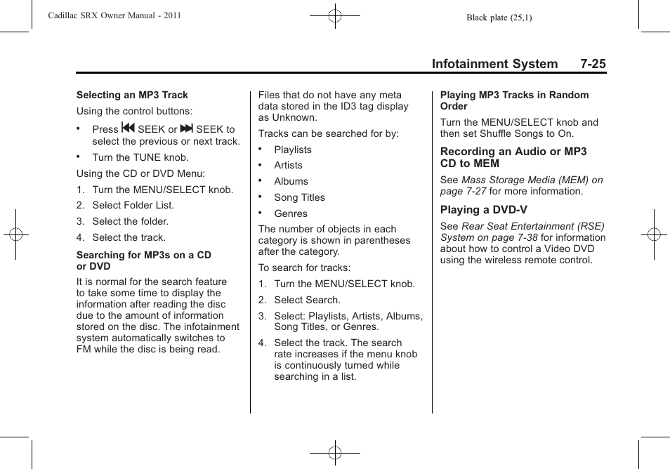 Infotainment system 7-25 | Cadillac 2011 SRX User Manual | Page 229 / 498