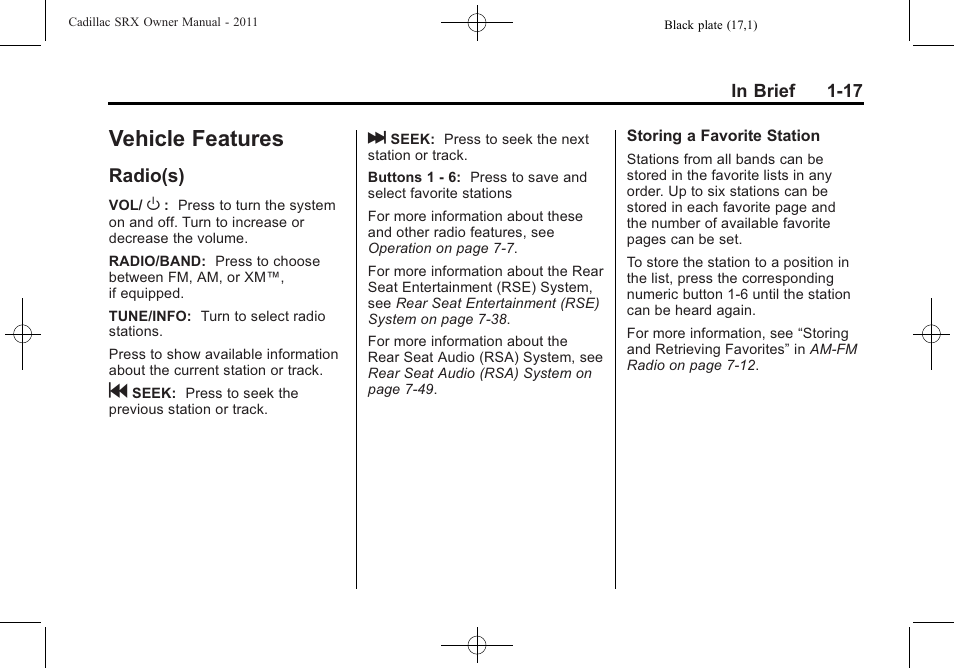 Vehicle features, Radio(s), Vehicle features -17 | Roof rack system -1, Radio(s) -17, Driving | Cadillac 2011 SRX User Manual | Page 23 / 498
