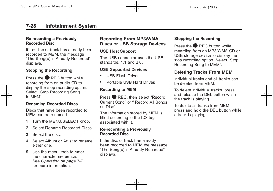 28 infotainment system | Cadillac 2011 SRX User Manual | Page 232 / 498