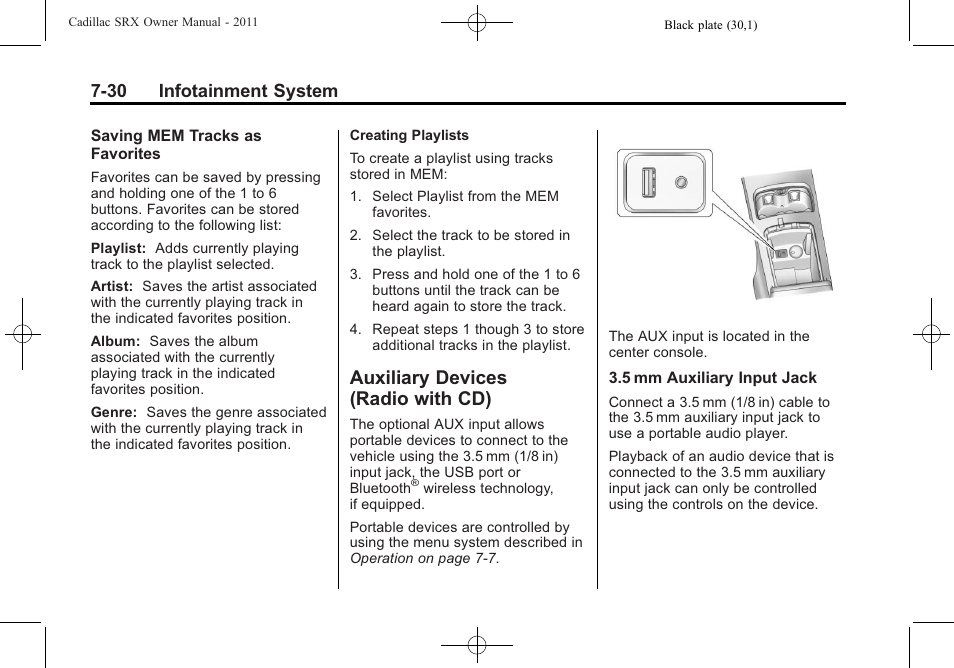 Auxiliary devices (radio with cd), Auxiliary devices (radio, With cd) -30 | 30 infotainment system | Cadillac 2011 SRX User Manual | Page 234 / 498
