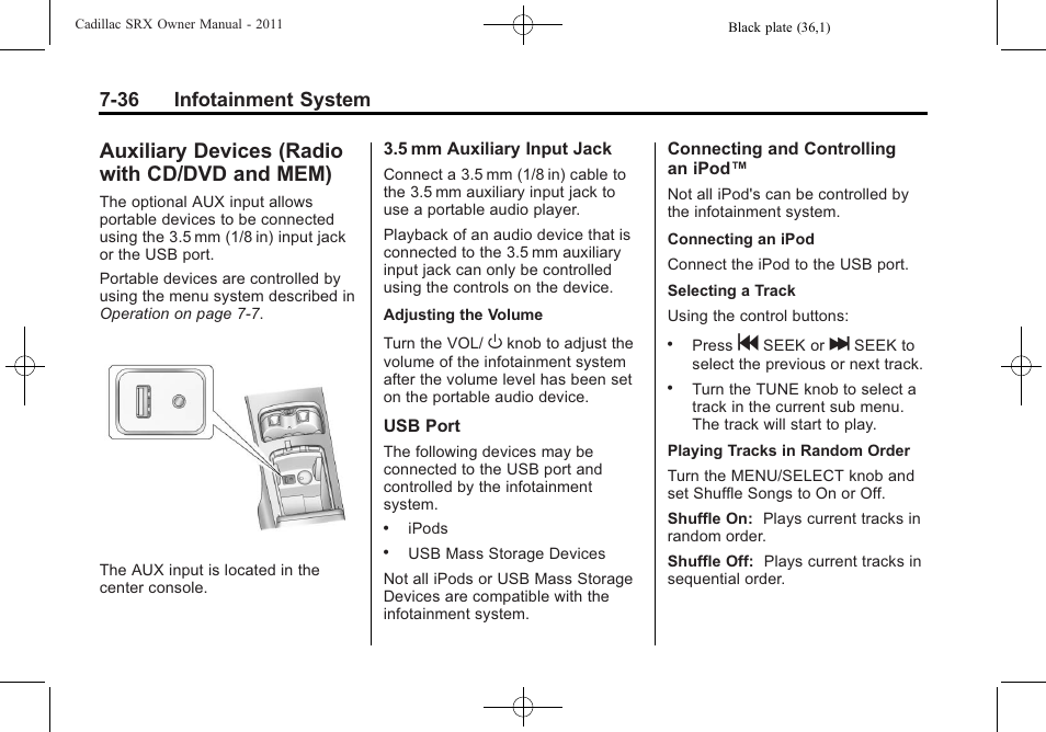 Auxiliary devices (radio with cd/dvd and mem), Auxiliary devices (radio with, Cd/dvd and mem) -36 | For extended, 36 infotainment system | Cadillac 2011 SRX User Manual | Page 240 / 498