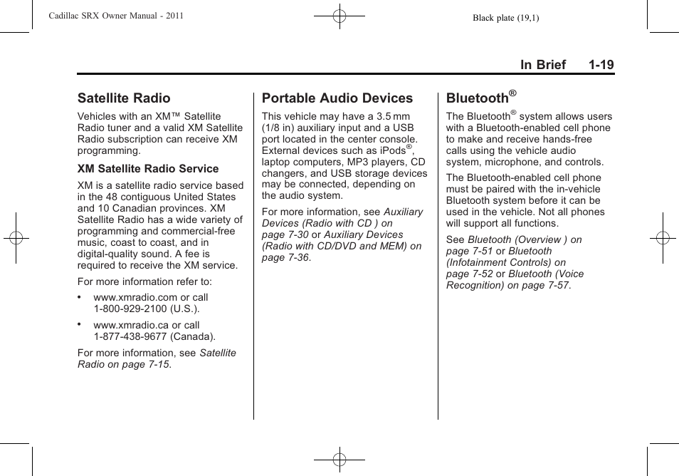Satellite radio, Portable audio devices, Bluetooth | Satellite radio -19, Audio devices -19 bluetooth | Cadillac 2011 SRX User Manual | Page 25 / 498