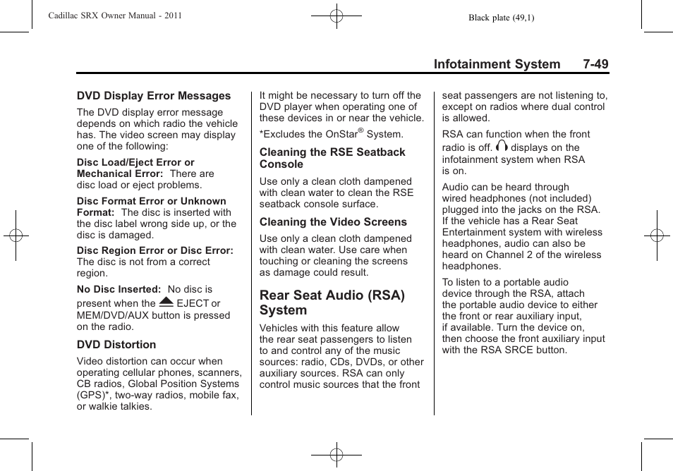 Rear seat audio (rsa) system, Rsa) | Cadillac 2011 SRX User Manual | Page 253 / 498