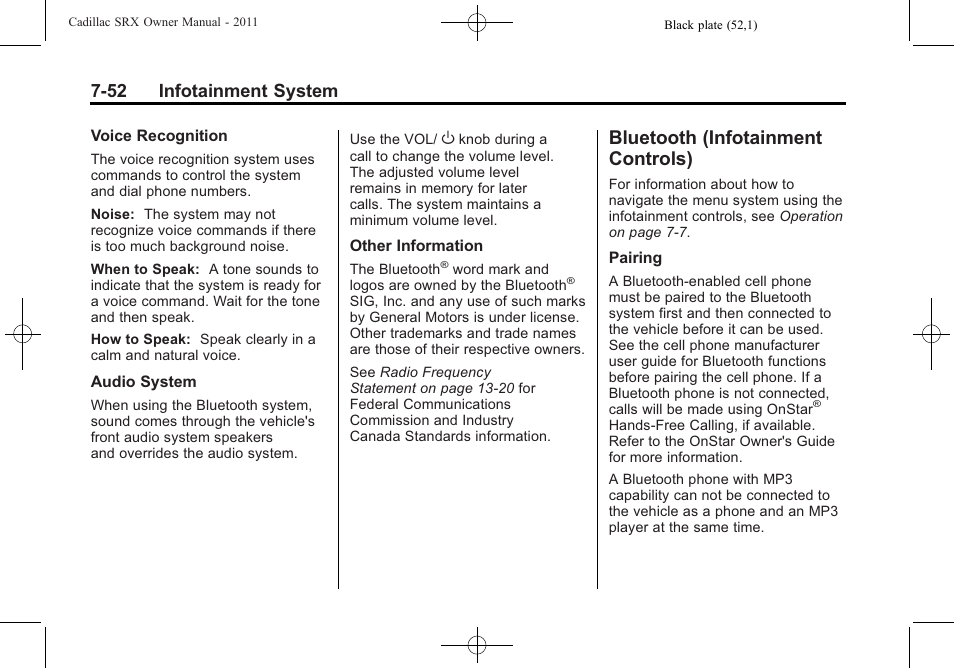 Bluetooth (infotainment controls), Bluetooth (infotainment, Controls) -52 | 52 infotainment system | Cadillac 2011 SRX User Manual | Page 256 / 498