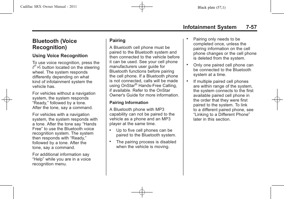 Bluetooth (voice recognition), Bluetooth (voice, Recognition) -57 | Infotainment system 7-57 | Cadillac 2011 SRX User Manual | Page 261 / 498