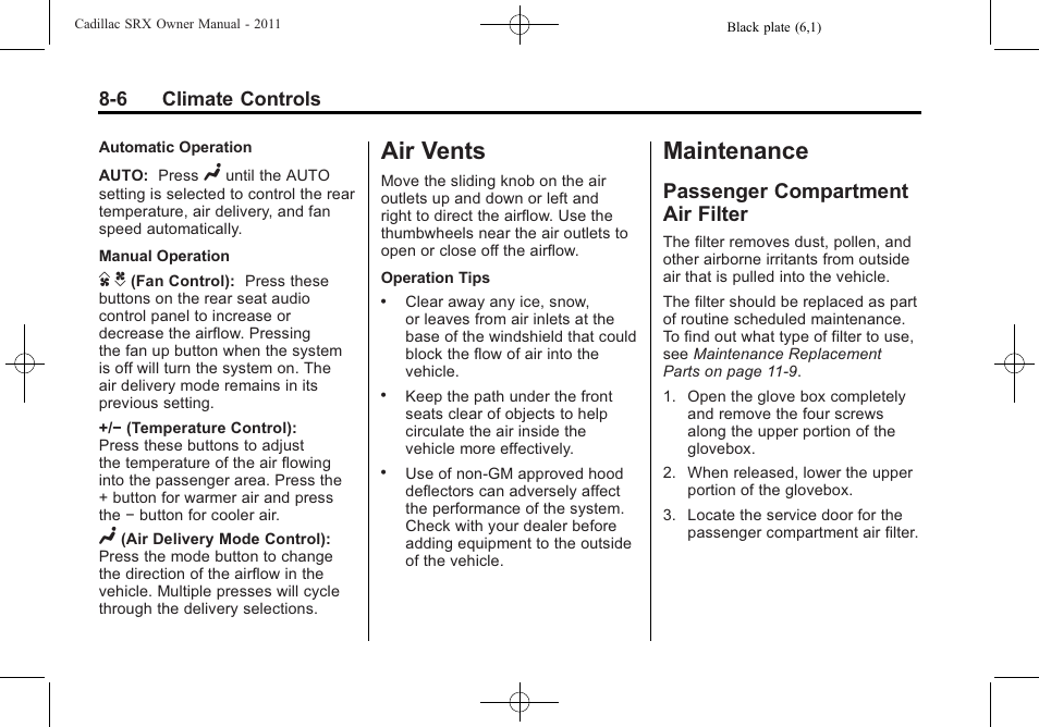 Air vents, Maintenance, Passenger compartment air filter | Maintenance -6, Air vents -6, Passenger compartment air, Filter -6 | Cadillac 2011 SRX User Manual | Page 274 / 498