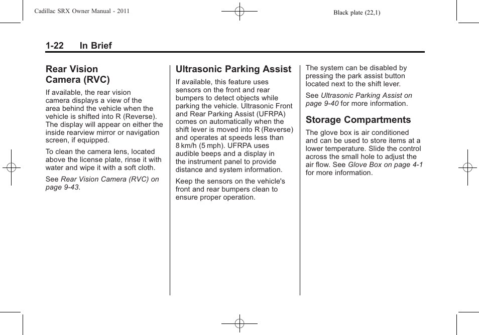 Rear vision camera (rvc), Ultrasonic parking assist, Storage compartments | Rear vision, Camera (rvc) -22 | Cadillac 2011 SRX User Manual | Page 28 / 498