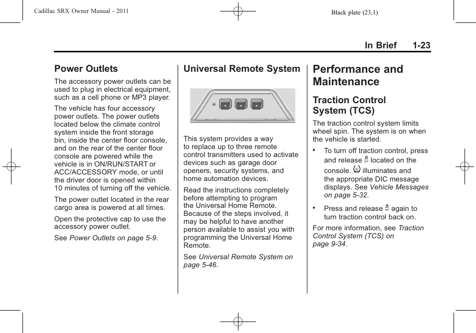 Power outlets, Universal remote system, Performance and maintenance | Traction control system (tcs), Performance and, Maintenance -23, Instruments and controls, Power outlets -23, Remote system -23, Traction control | Cadillac 2011 SRX User Manual | Page 29 / 498